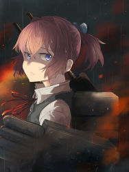 Rule 34 | 10s, 1girl, blouse, blue eyes, buttons, commentary request, hair ornament, highres, kantai collection, looking at viewer, looking to the side, machinery, neck ribbon, pink hair, ponytail, rain, red ribbon, ribbon, school uniform, shaded face, shiranui (kancolle), shirt, short hair, short ponytail, smoke, solo, torpedo, turret, umoo futon, upper body, vest, wet, white shirt