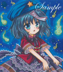 Rule 34 | 1girl, :o, back bow, blue background, blue eyes, blue hair, blue hat, blush, bow, breasts, cabbie hat, chinese clothes, cowboy shot, dark blue hair, frilled bow, frills, hat, hitodama, looking at viewer, marker (medium), miyako yoshika, neck ribbon, open mouth, outstretched arms, purple bow, purple ribbon, purple skirt, ribbon, rui (sugar3), sample watermark, short sleeves, skirt, small breasts, solo, star (symbol), tangzhuang, touhou, traditional media, watermark, zombie pose