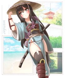 Rule 34 | 1girl, absurdres, black hair, black thighhighs, blue kimono, blush, brown hat, closed mouth, collarbone, commentary request, english text, grey eyes, hair between eyes, hand up, hat, highres, japanese clothes, katana, kimono, light smile, long hair, non (wednesday-classic), obi, original, pagoda, pelvic curtain, rice hat, samurai, sash, sheath, sheathed, short sleeves, solo, sword, thighhighs, very long hair, weapon, wide sleeves