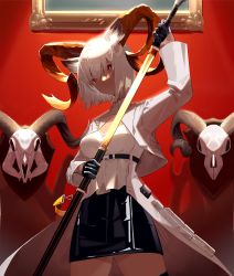 Rule 34 | 1girl, animal ears, animal skull, arknights, arm up, black gloves, black skirt, breasts, carnelian (arknights), cleavage, cowboy shot, cropped jacket, dark-skinned female, dark skin, gloves, goat ears, goat girl, goat horns, highres, holding, holding sword, holding weapon, horns, jacket, kanzakimitoto, looking at viewer, medium breasts, pencil skirt, picture frame, red eyes, sheath, shirt, short hair, silver hair, skirt, smile, sword, symbol-only commentary, underbust, unsheathing, weapon, white jacket, white shirt