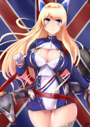 Rule 34 | 1girl, azur lane, blonde hair, blue eyes, breasts, cleavage cutout, clothing cutout, dress, glorious (azur lane), gloves, hair between eyes, highres, ibara azuki, large breasts, long hair, long sleeves, machinery, military, military uniform, rigging, solo, thighhighs, uniform, union jack, very long hair, white gloves, white thighhighs