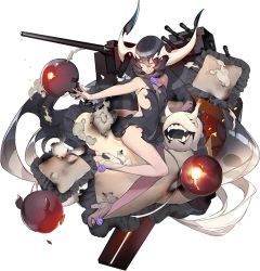 Rule 34 | 1girl, abyssal ship, akira (kadokawa), anchorage water oni, angry, black hair, full body, horns, kantai collection, long hair, machinery, official art, outstretched arm, pale skin, red eyes, solo, swimsuit, torn clothes, transparent background, turret