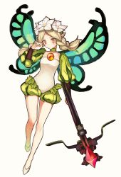 Rule 34 | 1girl, bad id, bad pixiv id, blonde hair, bow (weapon), braid, bunko (fumimatsu), butterfly wings, crossbow, fairy, flower, hair flower, hair ornament, highres, insect wings, long hair, mercedes (odin sphere), odin sphere, pointy ears, puff and slash sleeves, puffy sleeves, red eyes, solo, twin braids, weapon, wings