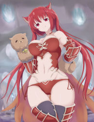 Rule 34 | 10s, 1girl, :q, absurdres, animal ears, armor, bad id, bad pixiv id, bare shoulders, black thighhighs, breasts, cerberus (shingeki no bahamut), choker, corset, dog ears, female focus, furiruno, gauntlets, gluteal fold, greaves, groin, half choker, hand on own hip, hand puppet, highres, large breasts, long hair, looking at viewer, midriff, navel, panties, puppet, red choker, red eyes, red gauntlets, red greaves, red hair, red panties, red tube top, shingeki no bahamut, side-tie panties, smile, solo, standing, stomach, strapless, thigh gap, thighhighs, tongue, tongue out, tube top, twintails, underwear, very long hair