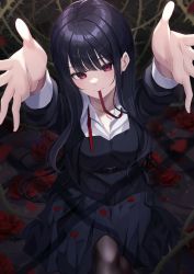 Rule 34 | 1girl, absurdres, belt, black belt, black cardigan, black hair, black legwear, black skirt, blush, breasts, cardigan, closed mouth, collarbone, collared shirt, flower, from above, highres, in mouth, kurousagi yuu, long hair, long sleeves, looking at viewer, mole, mole on breast, original, outstretched arms, petals, pleated skirt, red eyes, rose, school uniform, shirt, shirt tucked in, sitting, skirt, solo, thorns, uniform, white shirt