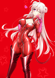 Rule 34 | 1girl, beatmania, beatmania iidx, biker clothes, bikesuit, bodysuit, boots, breasts, catsuit, cleavage, cleavage cutout, clothing cutout, cosplay, curvy, double bun, full-length zipper, gloves, hair bun, highres, long hair, looking at viewer, medium breasts, one eye closed, persona, persona 5, pink eyes, pink gloves, pink hair, red bodysuit, satou terumasa, shiny clothes, smile, solo, tail, takamaki anne, takamaki anne (cosplay), thigh boots, zipper