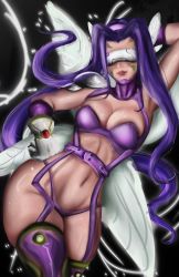 Rule 34 | 1girl, absurdres, arms up, belt, bikini, bra, breasts, butterfly wings, cleavage, digimon, digimon (creature), digimon frontier, facial mark, fairimon, garter straps, gauntlets, hair ornament, hand on own hip, highleg, highleg panties, highres, insect wings, jewelry, lingerie, lips, lipstick, long hair, makeup, medium breasts, navel, panties, purple bikini, purple bra, purple hair, purple panties, shiny skin, shoulder pads, solo, swimsuit, thighhighs, underwear, visor (armor), wings