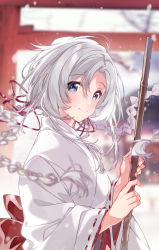 Rule 34 | 1girl, back bow, bamboo broom, blue eyes, blurry, blurry background, blush, bow, braid, broom, closed mouth, day, depth of field, floating hair, from side, hair ribbon, highres, holding, holding broom, japanese clothes, kimono, long hair, long sleeves, looking at viewer, looking to the side, miko, original, outdoors, red bow, red ribbon, ribbon, silver hair, smile, snowing, solo, teeth, torii, twin braids, u35, upper teeth only, white kimono, winter