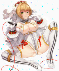 Rule 34 | 10s, 1girl, ahoge, belt, blonde hair, blush, bow, breasts, bridal veil, chain, cleavage, confetti, detached collar, detached sleeves, fate/extra, fate/extra ccc, fate/grand order, fate (series), flower, full body, gloves, green hair, hair intakes, high heels, highres, holding, holding microphone, jilllxlxl, large breasts, legs, leotard, lock, looking at viewer, microphone, nero claudius (bride) (fate), nero claudius (fate), nero claudius (fate) (all), official alternate costume, padlock, red bow, red flower, red rose, revealing clothes, revision, rose, shoes, short hair, sitting, smile, solo, spread legs, thighhighs, thighs, underboob, veil, white background, white footwear, white gloves, white thighhighs