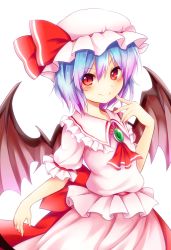 Rule 34 | 1girl, ascot, bat wings, blue hair, brooch, chikuwa savy, cowboy shot, dress, finger to cheek, hat, hat ribbon, jewelry, looking at viewer, mob cap, pink dress, puffy short sleeves, puffy sleeves, red eyes, remilia scarlet, ribbon, sash, short sleeves, smile, solo, touhou, wings
