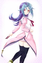 Rule 34 | 1girl, asawa (dm owr), bad id, bad pixiv id, black thighhighs, blue hair, card, dyed bangs, flipped hair, from behind, highres, holding, kamishiro rio, looking at viewer, looking back, multicolored hair, playing card, purple hair, red eyes, ribbon, solo, thighhighs, two-tone hair, white background, yu-gi-oh!, yu-gi-oh! zexal, yuu-gi-ou, yuu-gi-ou zexal