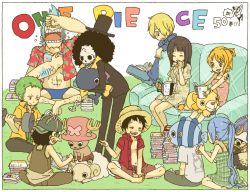 Rule 34 | 3girls, 6+boys, abs, afro, animal, animalization, antlers, bangle, barefoot, bird, black hair, blonde hair, blue hair, book, book stack, bracelet, breasts, brook (one piece), carrying, cleavage, copyright name, crew, crying, cyborg, dress, duck, earrings, everyone, exercise, eyebrows, fish, franky (one piece), goggles, going merry, green hair, hair over one eye, haramaki, hat, horns, hug, jewelry, karoo (one piece), laboon, lamb, laughing, lion, log pose, long hair, medium breasts, monkey d. luffy, multiple boys, multiple girls, nami (one piece), nefertari vivi, nico robin, one piece, open book, open clothes, open shirt, orange hair, overalls, pandaman, pink hat, ponytail, reading, reindeer, roronoa zoro, sanji (one piece), sash, scar, sheep, shirt, sitting, skeleton, standing, straw hat, tattoo, thousand sunny, tony tony chopper, usopp, vest, weightlifting, whale, yukke