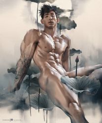 Rule 34 | 1boy, abs, arm tattoo, bara, black hair, completely nude, convenient censoring, flower, large pectorals, male focus, mid-autumn festival, muscular, muscular male, navel, nipples, nude, original, pectorals, short hair, silverjow, solo, tattoo, thick thighs, thighs