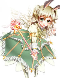 Rule 34 | 1girl, alternate color, angel wings, animal ears, bad id, bad pixiv id, blonde hair, rabbit ears, cropped jacket, dress, elize lutus, green dress, jewelry, komoro, pendant, short hair, smile, solo, tales of (series), tales of xillia, two side up, white background, wings, yellow eyes