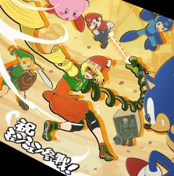 Rule 34 | 1girl, aged down, arms (game), bandana, beam, beard, blonde hair, blue eyes, box, breasts, cardboard box, crossover, deku shield, dragon, facial hair, food, full body, gloves, green eyes, highres, kirby, kirby (series), link, long hair, looking at viewer, mask, mega man (character), mega man (classic), mega man (series), metal gear (series), metal gear solid, metal gear solid 2: sons of liberty, min min (arms), nintendo, pointy ears, shield, short hair, simple background, sjw kazuya, smile, sneaking suit, solid snake, sonic (series), sonic the hedgehog, super smash bros., sword, the legend of zelda, the legend of zelda: majora&#039;s mask, the legend of zelda: ocarina of time, weapon, wooden shield, young link