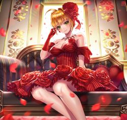 Rule 34 | 10s, 1girl, ahoge, bare legs, bare shoulders, blonde hair, box (hotpppink), breasts, cleavage, closed mouth, couch, dress, fate/extra, fate/grand order, fate (series), flower, gloves, green eyes, hair flower, hair intakes, hair ornament, idol, jewelry, large breasts, looking at viewer, necklace, nero claudius (fate), nero claudius (fate) (all), nero claudius (fate/extra), official alternate costume, petals, red dress, red flower, red gloves, red rose, rose, rose petals, short hair, sitting, smile, solo, striped clothes, striped dress, window