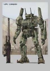 Rule 34 | character name, commentary, english commentary, gun, highres, mecha, no humans, open hands, original, rifle, robot, science fiction, sniper rifle, solo, standing, turret, weapon, xerbatt