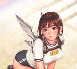 Rule 34 | 1girl, absurdres, all fours, backpack, bag, blush, breasts, brown eyes, brown hair, buruma, double vertical stripe, gym uniform, highres, kneeling, large breasts, leaning forward, leather, lips, looking at viewer, mechanical wings, original, parted lips, randoseru, scan, shirt, shoes, short hair, short sleeves, sleeve cuffs, sneakers, solo, tanaka mai (tsukasa jun), taut clothes, taut shirt, tsukasa jun, wings