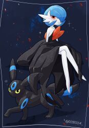 Rule 34 | 1other, alternate color, black dress, black eyes, black fur, blue background, blue hair, blush, cccp224, colored sclera, colored skin, commentary, creatures (company), crossed legs, dress, facial mark, forehead mark, full body, game freak, gardevoir, gen 3 pokemon, green sclera, highres, invisible chair, looking at viewer, medium hair, mega gardevoir, mega pokemon, multicolored skin, nintendo, pokemon, pokemon (creature), red eyes, red skin, shiny pokemon, sitting, smile, symbol-only commentary, trait connection, twitter username, white skin
