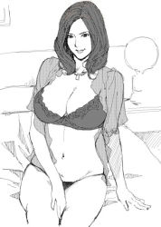 Rule 34 | 1girl, bed, breasts, large breasts, mature female, monochrome, oda non, pillow, resized, sketch, smile, solo