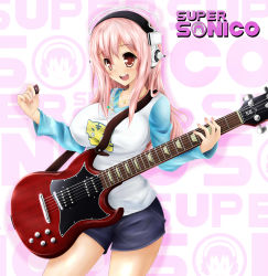 Rule 34 | 1girl, absurdres, anakin sky (utcc), blush, breasts, character name, electric guitar, female focus, guitar, headphones, highres, instrument, large breasts, long hair, looking at viewer, nail polish, nitroplus, open mouth, pink hair, plectrum, red eyes, simple background, smile, solo, super sonico