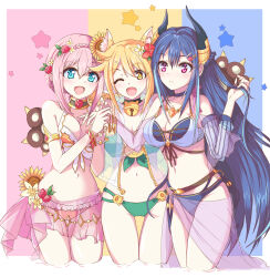 Rule 34 | 3:, 3girls, :d, ;d, alternate breast size, animal ear fluff, animal ears, animal hands, armlet, bikini, black bikini, black horns, blue background, blue eyes, blue hair, border, bow, bow bikini, bracelet, braid, breasts, cat ears, cat girl, cat paws, closed mouth, commentary, cropped legs, crown braid, dark blue hair, flower, frilled bikini, frills, front-tie bikini top, front-tie top, gloves, green bikini, hair between eyes, hair flower, hair ornament, halterneck, highres, hiyori (princess connect!), hiyori (summer) (princess connect!), holding, holding own hair, horns, jewelry, large breasts, long hair, looking at another, looking at viewer, multicolored background, multiple girls, necklace, o-ring, o-ring bottom, official alternate costume, one eye closed, open mouth, orange hair, paw gloves, pink background, pink hair, princess connect!, purple eyes, red bikini, red flower, red rose, rei (princess connect!), rei (summer) (princess connect!), rose, sarong, see-through, see-through sarong, short hair, short hair with long locks, sidelocks, smile, star (symbol), starry background, sunflower, sunflower hair ornament, swimsuit, two-tone bikini, very long hair, white bikini, white border, white bow, yamada (hvcij), yellow background, yellow eyes, yui (princess connect!), yui (summer) (princess connect!)