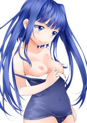 Rule 34 | 1girl, blue eyes, blue hair, breasts, clothes pull, collarbone, furudo erika, highres, long hair, matching hair/eyes, navel, nemu (nebusokugimi), nipples, one-piece swimsuit, one-piece swimsuit pull, school swimsuit, simple background, small breasts, solo, swimsuit, tears, twintails, umineko no naku koro ni, very long hair, white background