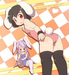 Rule 34 | 2girls, animal ears, ass, bad id, bad nicoseiga id, black hair, checkered background, collar, dressing, english text, from behind, highres, inaba tewi, light purple hair, long hair, mimiru (mimill), multiple girls, playboy bunny, rabbit ears, rabbit girl, rabbit tail, red eyes, reisen udongein inaba, short hair, sock pull, tail, teeth, thighhighs, touhou, wrist cuffs