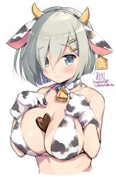 Rule 34 | 1girl, animal ears, animal print, artist name, bare shoulders, bell, between breasts, bikini, blue eyes, blush, breasts, candy, chocolate, chocolate heart, cleavage, closed mouth, collarbone, cow ears, cow horns, cow print, cowbell, dated, ear tag, fake animal ears, fake horns, food, gloves, hair between eyes, hair ornament, hairclip, hamakaze (kancolle), hands on own chest, hands up, heart, horns, kantai collection, large breasts, looking at viewer, odawara hakone, one-hour drawing challenge, short hair, silver hair, solo, string bikini, swimsuit, upper body, white gloves