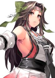 Rule 34 | 1girl, bare shoulders, breasts, brown eyes, brown hair, closed mouth, commentary request, dated, hair intakes, happa (cloverppd), headband, jintsuu (kancolle), jintsuu kai ni (kancolle), kantai collection, long hair, looking at viewer, medium breasts, sarashi, sideboob, simple background, solo, upper body, white background