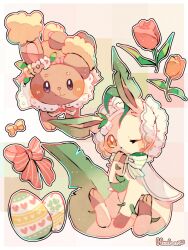 Rule 34 | animal focus, artist name, bonnet, bow, bowtie, brown fur, buneary, commentary request, creatures (company), egg, flower, game freak, gen 4 pokemon, hanabusaoekaki, highres, leaf, leafeon, multicolored background, nintendo, no humans, one eye closed, orange eyes, orange flower, orange tulip, pink bow, pink bowtie, pokemon, pokemon (creature), rabbit, red flower, red tulip, solid oval eyes, tulip
