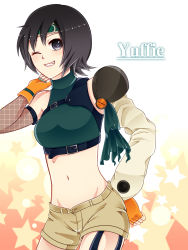 Rule 34 | 1990s (style), 1girl, ao tung, belt, black hair, blue eyes, breasts, elbow gloves, female focus, final fantasy, final fantasy vii, fingerless gloves, gloves, headband, highres, midriff, nail polish, short hair, shorts, shoulder pads, solo, tank top, wink, yuffie kisaragi