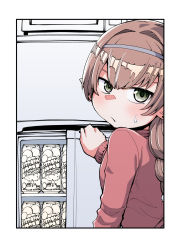 Rule 34 | 1girl, alcohol, beer can, blush, border, braid, brown hair, can, casual, drink can, fridge, from behind, granblue fantasy, green eyes, haaselia, hairband, harvin, highres, limited palette, looking at viewer, looking back, nightcoat, pointy ears, refrigerator, single braid, solo, strong zero, sweatdrop, upper body, white border