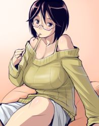 Rule 34 | 00s, 1girl, arm support, bare shoulders, bespectacled, blush, breasts, brown eyes, brown hair, casual, glasses, large breasts, mouth hold, aged up, pocky, rozen maiden, short hair, sitting, solo, souseiseki, sweater, tsuda nanafushi