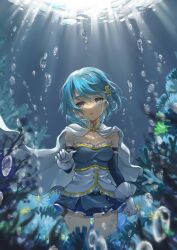 Rule 34 | absurdres, blue eyes, blue hair, cape, detached sleeves, gloves, highres, looking at viewer, mahou shoujo madoka magica, miki sayaka, ming-shuang, short hair, underwater, white gloves