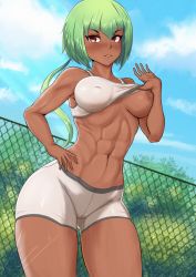Rule 34 | 1girl, abs, bare shoulders, blush, breasts, dark-skinned female, dark skin, emerald sustrai, fence, green hair, highres, large breasts, navel, nipples, outdoors, red eyes, rwby, short hair, shorts, sky, solo, sports bra, stomach, thick thighs, thighs