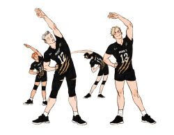 Rule 34 | 4boys, arm up, black footwear, black hair, black shirt, black shorts, blonde hair, bokuto koutarou, brown eyes, chengongzi123, closed eyes, closed mouth, commentary, english commentary, facing another, facing viewer, grey hair, haikyuu!!, hand on own hip, highres, hinata shouyou, knee pads, male focus, mask, mouth mask, multicolored hair, multiple boys, numai kazuma, o o, open mouth, orange hair, sakusa kiyoomi, shirt, shoes, short sleeves, shorts, simple background, smile, sportswear, standing, streaked hair, stretching, t-shirt, volleyball uniform, white background, yellow eyes