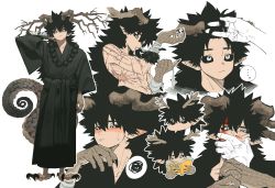 Rule 34 | ..., 1boy, 1other, antlers, arm up, bandaged arm, bandages, bead necklace, beads, black feathers, black hair, black sclera, blood, blood on face, blush, book, branch, chibi, chibi inset, claws, closed mouth, colored sclera, demon boy, feathers, grey eyes, hair between eyes, highres, holding, holding another&#039;s wrist, holding book, horns, japanese clothes, jewelry, kimono, long hair, long sleeves, male focus, mouth hold, multiple views, necklace, open book, original, pointy ears, reading, scales, scar, scar on arm, scar on chest, scar on stomach, scribble, simple background, speech bubble, spoken ellipsis, standing, sweat, sweatdrop, tail, talons, topless male, uraura ura-chan, veins, white background, wide sleeves