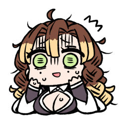 Rule 34 | 1girl, alternate hair color, blonde hair, breasts, brown hair, chan co, chibi, cleavage, cleavage cutout, clothing cutout, colored tips, green eyes, kanroji mitsuri, kimetsu no yaiba, large breasts, mole, mole under eye, multicolored hair, scared, solo, white background