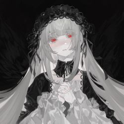 Rule 34 | 1girl, black background, black dress, black flower, black ribbon, black rose, black wings, commentary, crying, dress, eteru, feathered wings, flower, frilled sleeves, frills, hairband, highres, interlocked fingers, lolita fashion, lolita hairband, long hair, long sleeves, pale skin, puffy long sleeves, puffy sleeves, red eyes, ribbon, rose, rozen maiden, sidelocks, solo, suigintou, upper body, very long hair, white hair, wings