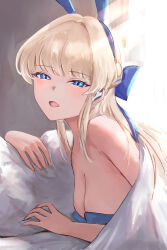 Rule 34 | 1girl, animal ears, blonde hair, blue archive, blue eyes, blue leotard, braid, breasts, cleavage, fake animal ears, highres, leotard, long hair, looking at viewer, medium breasts, noomaru (nomorepeople), official alternate costume, open mouth, pillow, playboy bunny, rabbit ears, solo, strapless, strapless leotard, toki (blue archive), toki (bunny) (blue archive), upper body