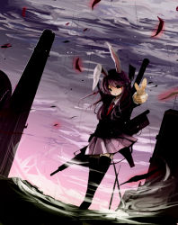 Rule 34 | 1girl, animal ears, bad id, bad pixiv id, black thighhighs, building, female focus, garter straps, gun, highres, ichitaro, outdoors, pointing, pointing at viewer, rabbit ears, rain, red eyes, reisen udongein inaba, rifle, sky, solo, thighhighs, touhou, weapon