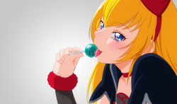 Rule 34 | 1girl, blonde hair, blue eyes, bow, candy, choker, dokidoki! precure, food, fuchi (nightmare), gradient background, hair bow, highres, holding, holding candy, holding food, holding lollipop, huge bow, licking, lollipop, long hair, looking at viewer, portrait, precure, purple choker, red bow, regina (dokidoki! precure), solo, tongue, tongue out