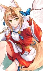 Rule 34 | 1girl, animal ears, blonde hair, brown hair, bug, butterfly, butterfly net, fire emblem, fire emblem fates, fox ears, fox tail, fuussu (21-kazin), gloves, hand net, highres, holding, bug, japanese clothes, long sleeves, multicolored hair, nintendo, open mouth, selkie (fire emblem), short hair, simple background, solo, streaked hair, tail, white gloves, yellow eyes