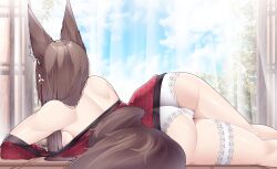 Rule 34 | 1girl, absurdres, amagi (azur lane), animal ears, ass, azur lane, back, blue sky, breasts, brown hair, cleavage, cloud, commentary request, curtains, facing away, feet out of frame, flower, fox ears, fox girl, fox tail, hair flower, hair ornament, highres, japanese clothes, kimono, lace, lace-trimmed panties, lace trim, large breasts, long hair, panties, red kimono, samip, sideboob, sky, solo, tail, thigh strap, thighs, underwear, white panties