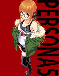 Rule 34 | 10s, 1girl, bare shoulders, black thighhighs, boots, brown hair, collarbone, cross-laced footwear, from above, fur trim, glasses, headphones, jacket, lace-up boots, long hair, looking at viewer, looking up, mirai denki, persona, persona 5, purple eyes, sakura futaba, shorts, solo, tank top, thighhighs, thighhighs under boots