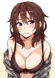 Rule 34 | 1girl, bare shoulders, blush, bra, breasts, brown bra, brown eyes, brown hair, cleavage, closed mouth, collarbone, commentary request, grey jacket, hair between eyes, head tilt, high school fleet, highres, jacket, kapatarou, kuroki hiromi, lace, lace-trimmed bra, lace trim, long hair, looking at viewer, medium breasts, off shoulder, open clothes, revision, solo, striped bra, striped clothes, underwear, upper body, vertical-striped bra, vertical-striped clothes