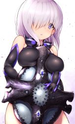 Rule 34 | :o, bare shoulders, between breasts, breasts, cowboy shot, elbow gloves, fate/grand order, fate (series), gloves, hair over one eye, highres, light purple hair, looking at viewer, mash kyrielight, open mouth, purple eyes, purple hair, shield, shishoo (vanura), short hair, skirt, solo