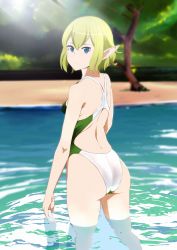 Rule 34 | 1girl, absurdres, ass, back, blonde hair, blue eyes, closed mouth, competition swimsuit, day, dungeon ni deai wo motomeru no wa machigatteiru darou ka, elf, green one-piece swimsuit, highres, looking at viewer, one-piece swimsuit, pointy ears, pool, ryu lion, short hair, solo, standing, sunlight, swimsuit, tonotyama, tree, turning head, two-tone swimsuit, wading, water, white one-piece swimsuit