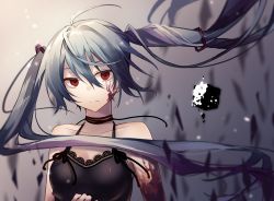 Rule 34 | 1girl, black dress, black ribbon, blue hair, breasts, choker, closed mouth, collarbone, dress, facial mark, floating hair, grey background, hair between eyes, hair ornament, hatsune miku, highres, long hair, looking at viewer, medium breasts, o-amaharashi, red eyes, ribbon, ribbon choker, sleeveless, sleeveless dress, solo, twintails, upper body, very long hair, vocaloid